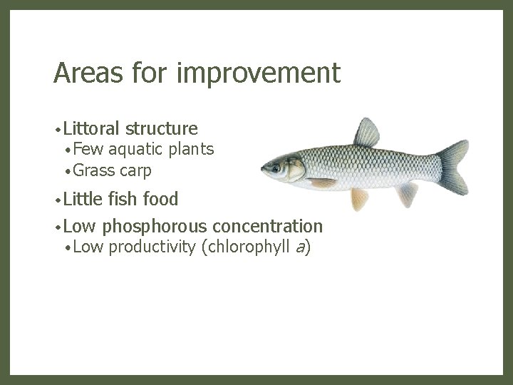 Areas for improvement • Littoral • Few structure aquatic plants • Grass carp •