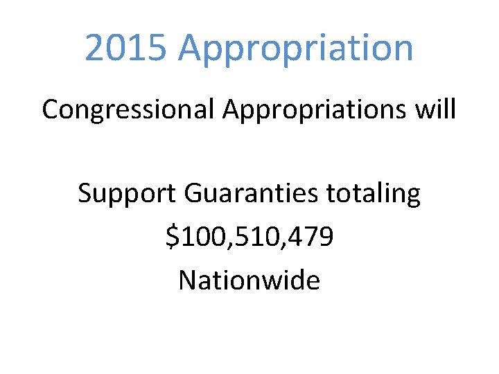 2015 Appropriation Congressional Appropriations will Support Guaranties totaling $100, 510, 479 Nationwide 