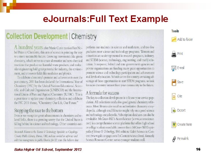 e. Journals: Full Text Example Baku Higher Oil School, September 2013 16 e. Journals: Full Text Example Baku Higher Oil School, September 2013 16