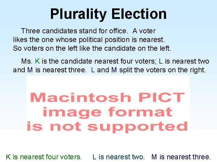 Plurality Election Three candidates stand for office. A voter likes the one whose political
