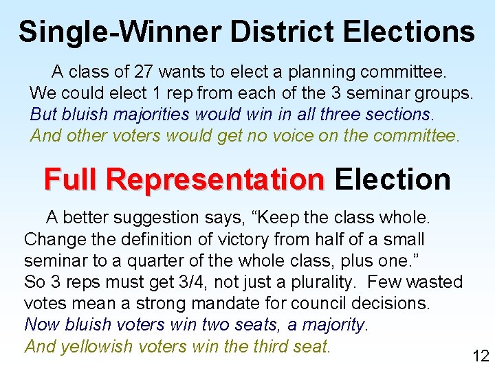 Single-Winner District Elections A class of 27 wants to elect a planning committee. We