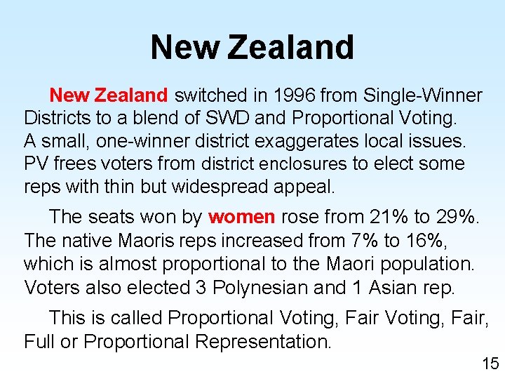 New Zealand switched in 1996 from Single-Winner Districts to a blend of SWD and