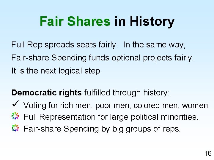 Fair Shares in History Full Rep spreads seats fairly. In the same way, Fair-share