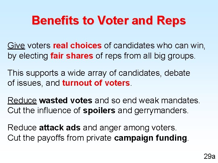 Benefits to Voter and Reps Give voters real choices of candidates who can win,