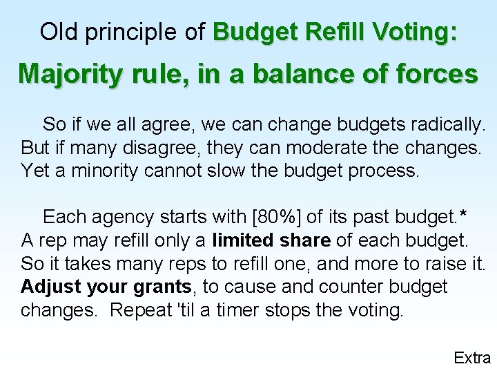 Old principle of Budget Refill Voting: Majority rule, in a balance of forces So