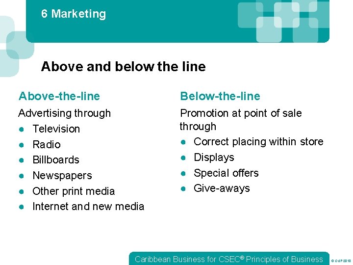 6 Marketing Above and below the line Above-the-line Below-the-line Advertising through ● Television ●