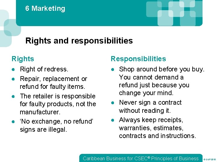 6 Marketing Rights and responsibilities Rights Responsibilities ● Right of redress. ● Repair, replacement