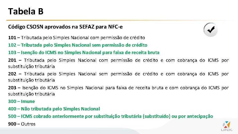 Tabela B Código CSOSN aprovados na SEFAZ para NFC-e 101 – Tributada pelo Simples