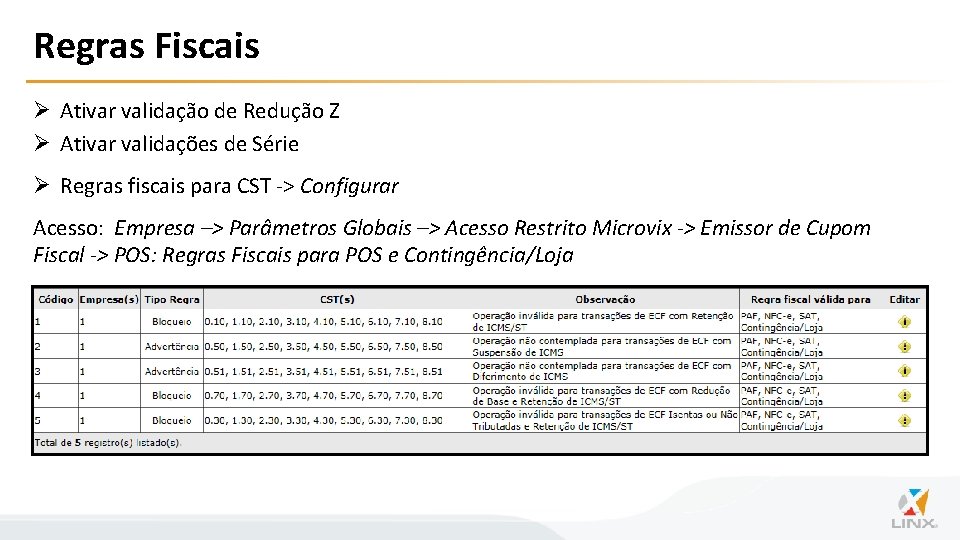 Regras Fiscais Ø Ativar validação de Redução Z Ø Ativar validações de Série Ø