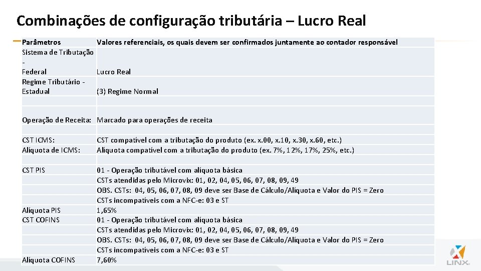 Combinações de configuração tributária – Lucro Real Parâmetros Valores referenciais, os quais devem ser