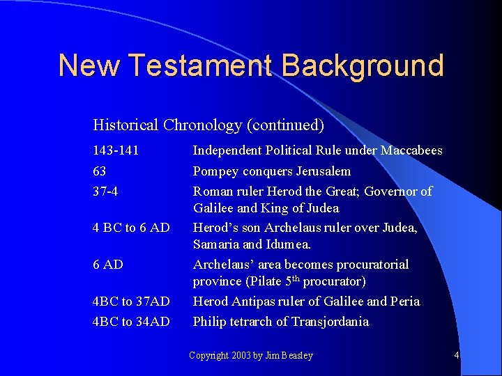 New Testament Background Historical Chronology (continued) 143 -141 63 37 -4 4 BC to