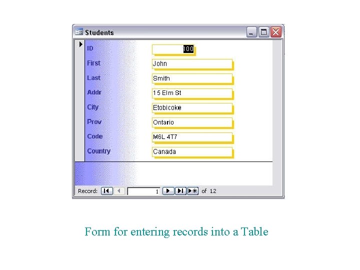 Form for entering records into a Table 