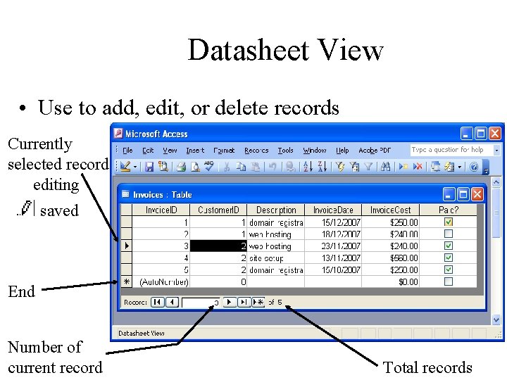 Datasheet View • Use to add, edit, or delete records Currently selected record: editing