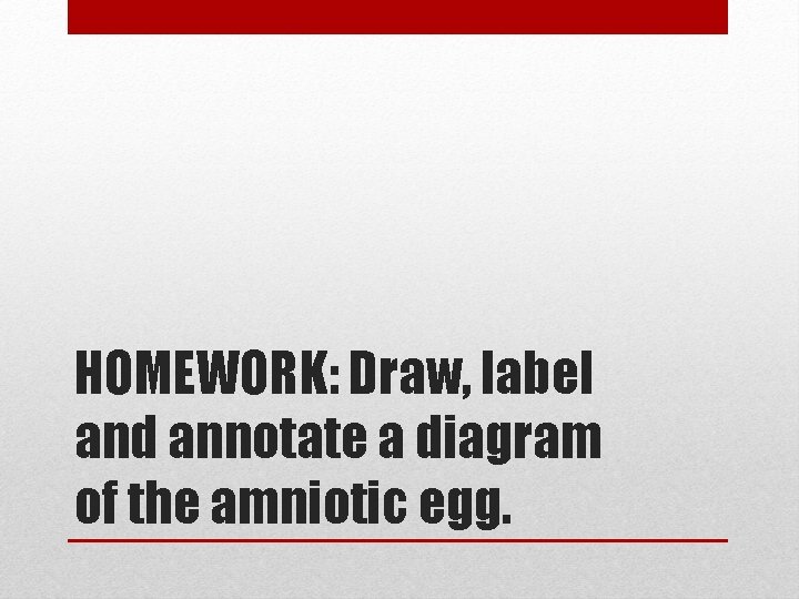 HOMEWORK: Draw, label and annotate a diagram of the amniotic egg. 