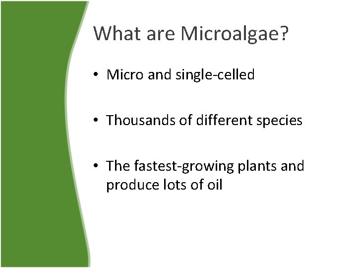 What are Microalgae? • Micro and single-celled • Thousands of different species • The