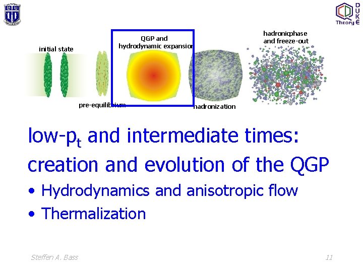 initial state QGP and hydrodynamic expansion pre-equilibrium hadronicphase and freeze-out hadronization low-pt and intermediate