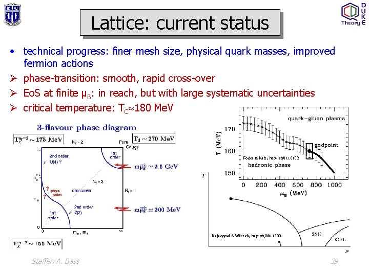 Lattice: current status • technical progress: finer mesh size, physical quark masses, improved fermion