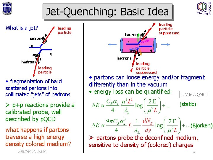 Jet-Quenching: Basic Idea What is a jet? leading particle hadrons q q q hadrons