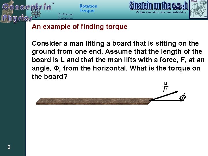 Rotation Torque An example of finding torque Consider a man lifting a board that