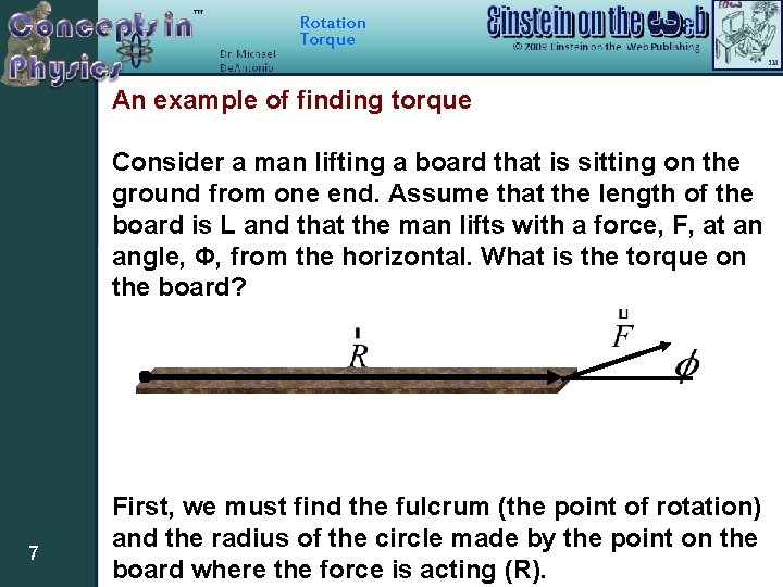 Rotation Torque An example of finding torque Consider a man lifting a board that