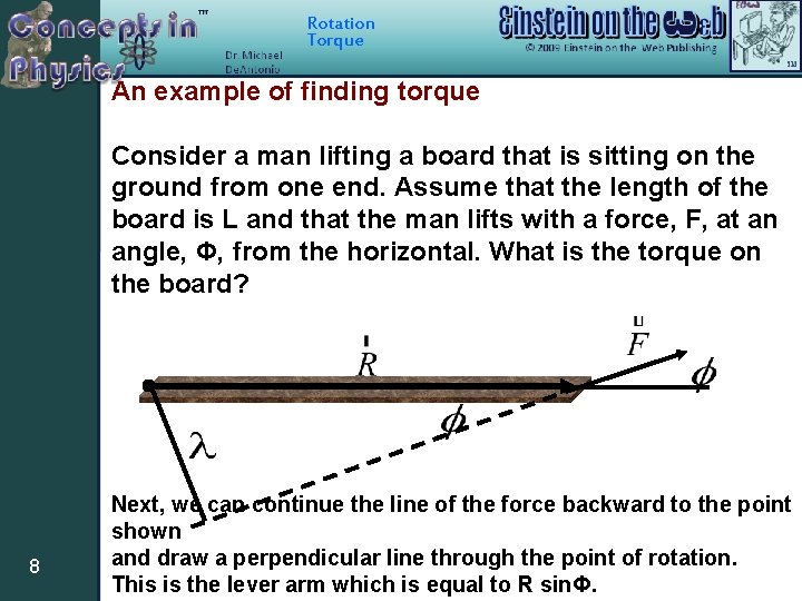 Rotation Torque An example of finding torque Consider a man lifting a board that