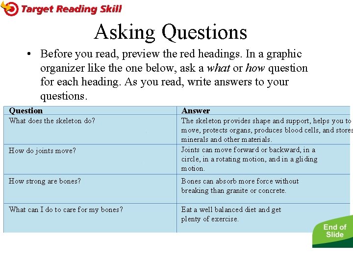 - The Skeletal System Asking Questions • Before you read, preview the red headings.