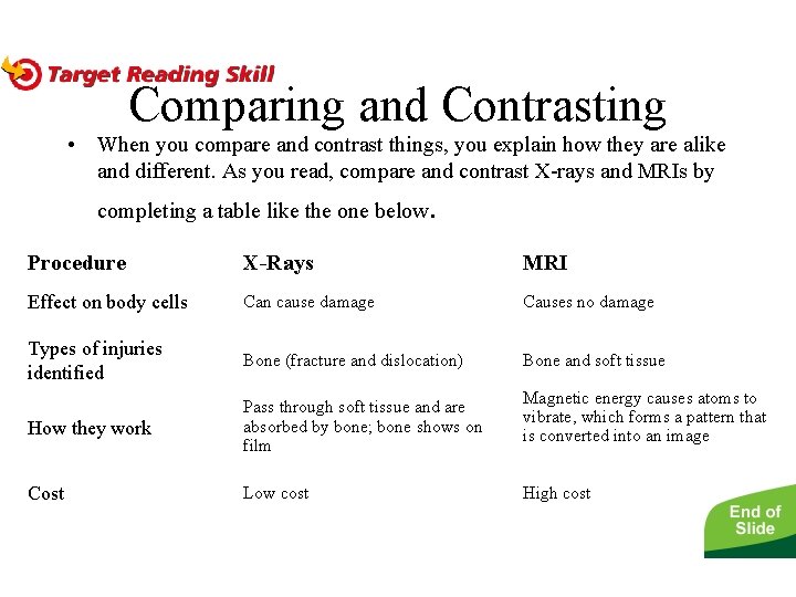 - Diagnosing Bone and Joint Injuries Comparing and Contrasting • When you compare and