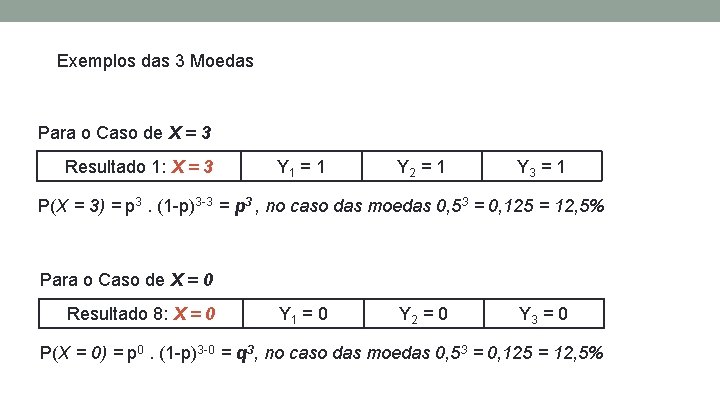 Exemplos das 3 Moedas Para o Caso de X = 3 Resultado 1: X