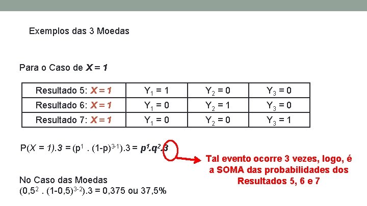 Exemplos das 3 Moedas Para o Caso de X = 1 Resultado 5: X