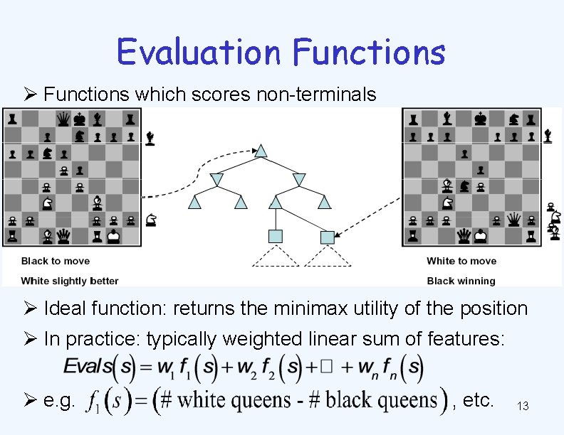 Evaluation Functions Ø Functions which scores non-terminals Ø Ideal function: returns the minimax utility