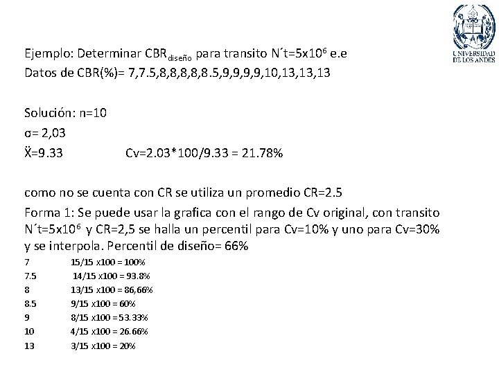 Ejemplo: Determinar CBRdiseño para transito N´t=5 x 106 e. e Datos de CBR(%)= 7,