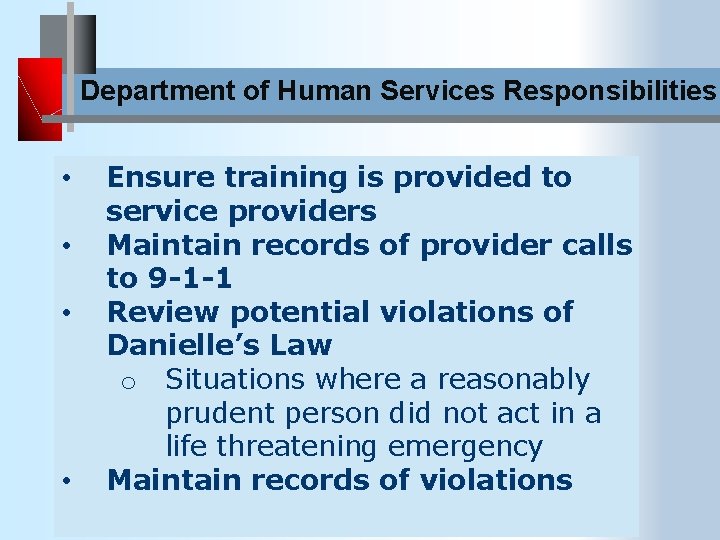 Department of Human Services Responsibilities • • Ensure training is provided to service providers