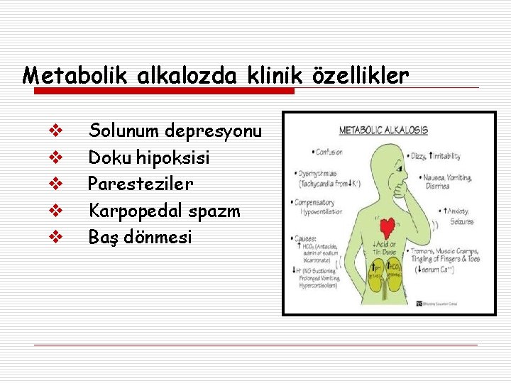 Metabolik alkalozda klinik özellikler Solunum depresyonu Doku hipoksisi Paresteziler Karpopedal spazm Baş dönmesi 