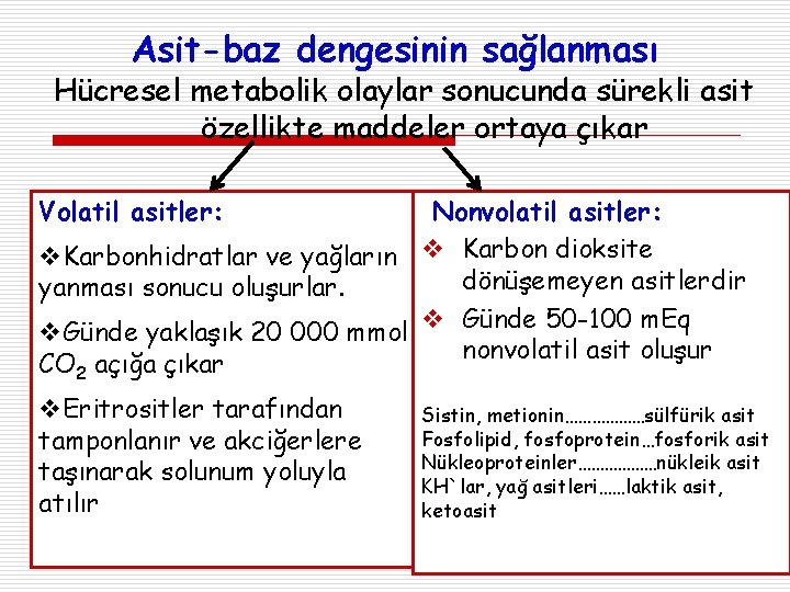 Asit-baz dengesinin sağlanması Hücresel metabolik olaylar sonucunda sürekli asit özellikte maddeler ortaya çıkar Nonvolatil