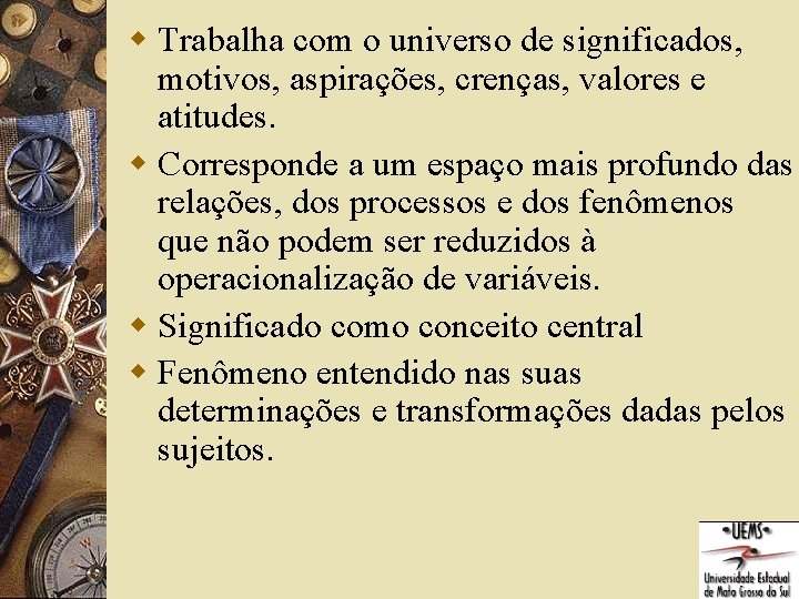 w Trabalha com o universo de significados, motivos, aspirações, crenças, valores e atitudes. w