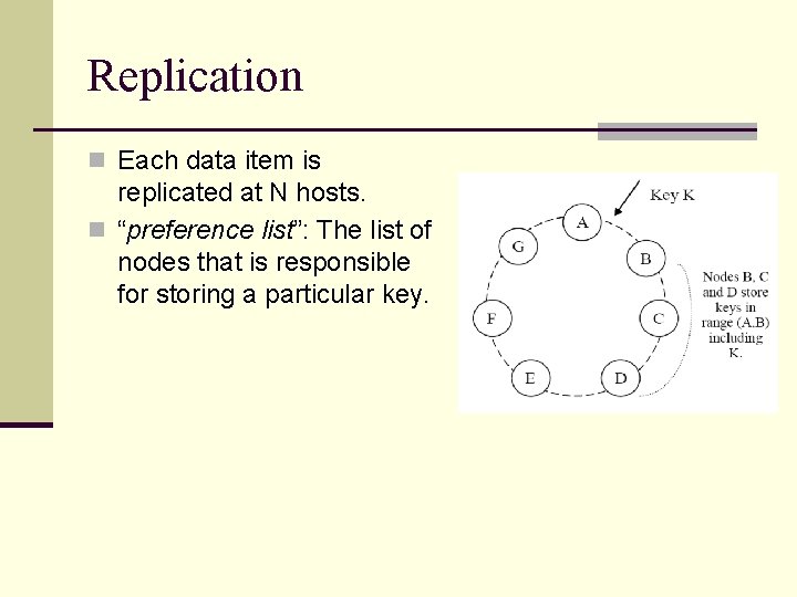 Replication n Each data item is replicated at N hosts. n “preference list”: The