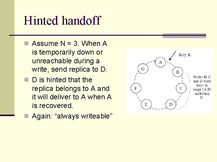 Hinted handoff n Assume N = 3. When A is temporarily down or unreachable