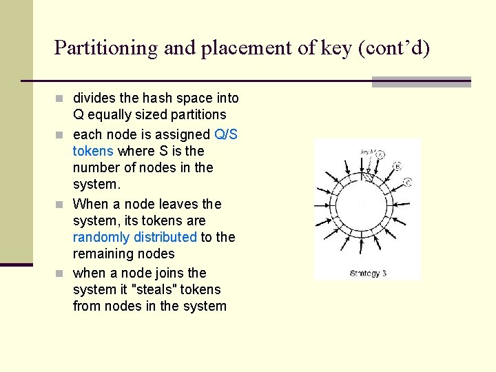 Partitioning and placement of key (cont’d) n divides the hash space into Q equally