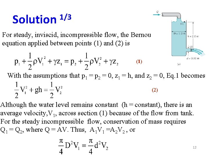 Solution 1/3 For steady, inviscid, incompressible flow, the Bernoulli equation applied between points (1)
