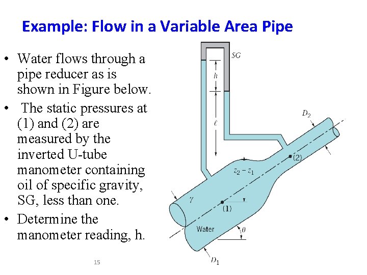 Example: Flow in a Variable Area Pipe • Water flows through a pipe reducer