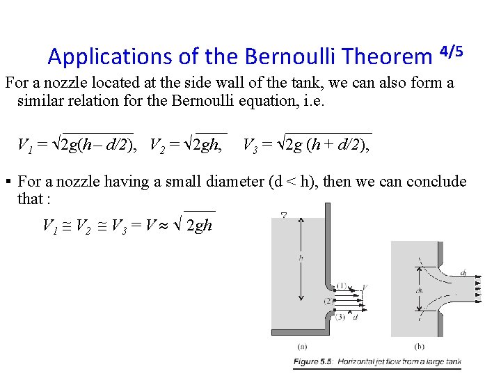 Applications of the Bernoulli Theorem 4/5 For a nozzle located at the side wall