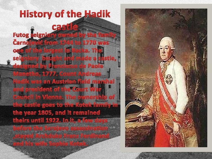 History of the Hadik castle Futog seigniory owned by the family Čarnojević from 1744 History of the Hadik castle Futog seigniory owned by the family Čarnojević from 1744