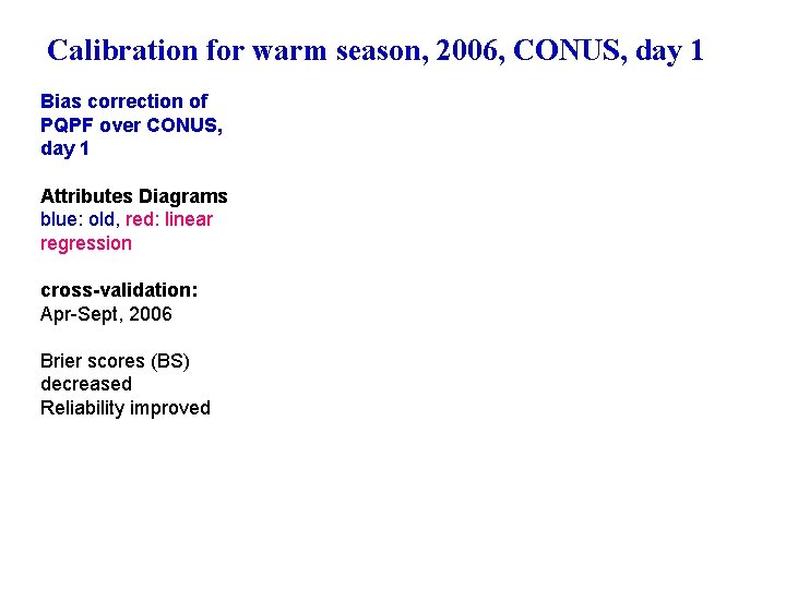 Calibration for warm season, 2006, CONUS, day 1 Bias correction of PQPF over CONUS,