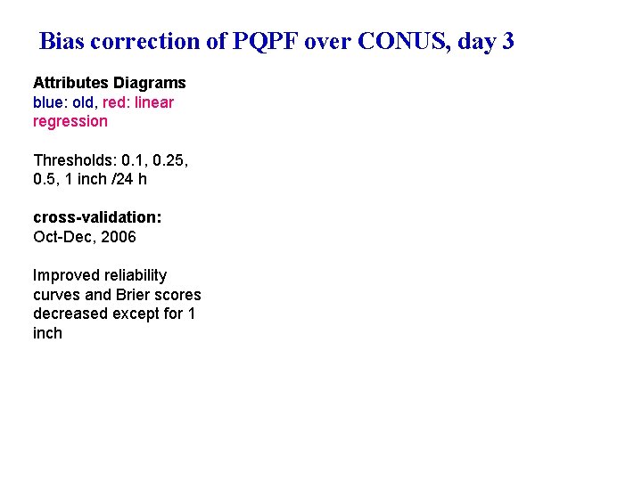 Bias correction of PQPF over CONUS, day 3 Attributes Diagrams blue: old, red: linear