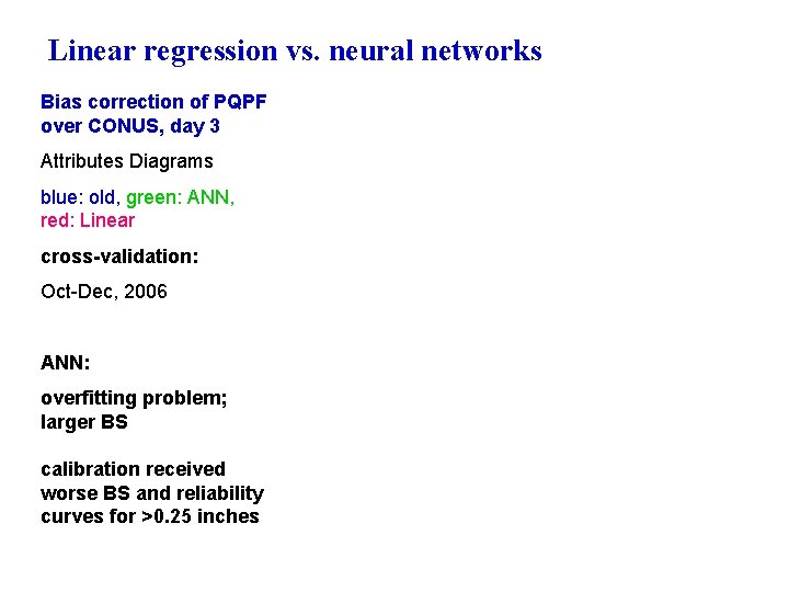Linear regression vs. neural networks Bias correction of PQPF over CONUS, day 3 Attributes