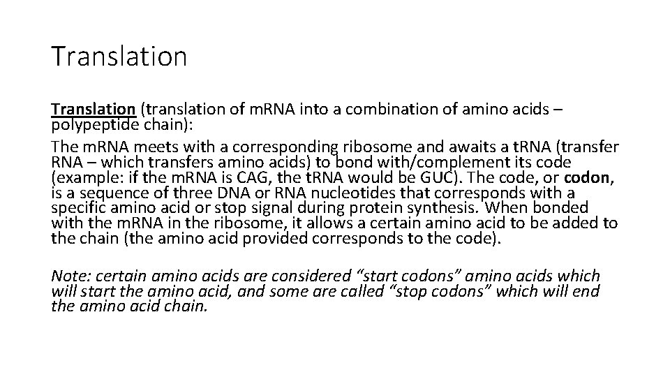 Translation (translation of m. RNA into a combination of amino acids – polypeptide chain):