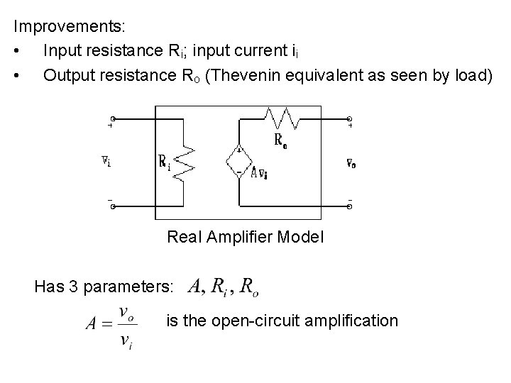 Improvements: • Input resistance Ri; input current ii • Output resistance Ro (Thevenin equivalent