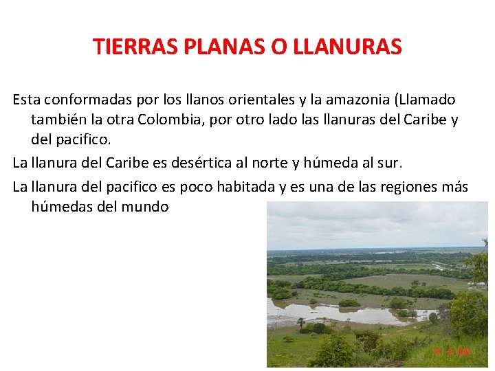 TIERRAS PLANAS O LLANURAS Esta conformadas por los llanos orientales y la amazonia (Llamado