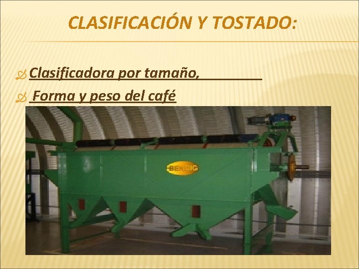 CLASIFICACIÓN Y TOSTADO: Clasificadora por tamaño, Forma y peso del café 