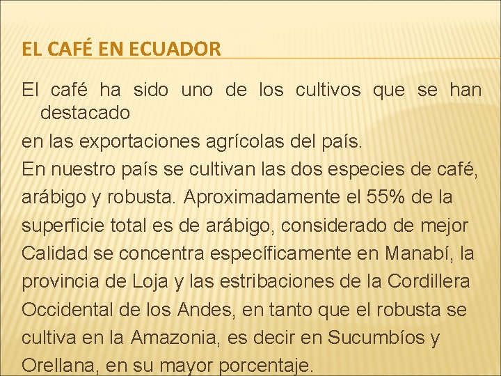 EL CAFÉ EN ECUADOR El café ha sido uno de los cultivos que se